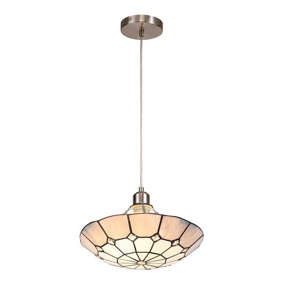 1 Light Pendant E27 with 35cm Tiffany Shade, Cream/Grey Satin Nickel Trim (1230MAJK9)