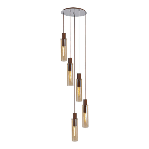 Tall 5 Light Round Pendant, Mocha / Amber Glass (1230CHE23D)